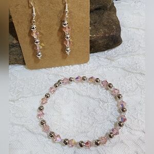 Rose Pink AB Crystal Glass Beads With Silver Toned Accents Bracelet And Earrings